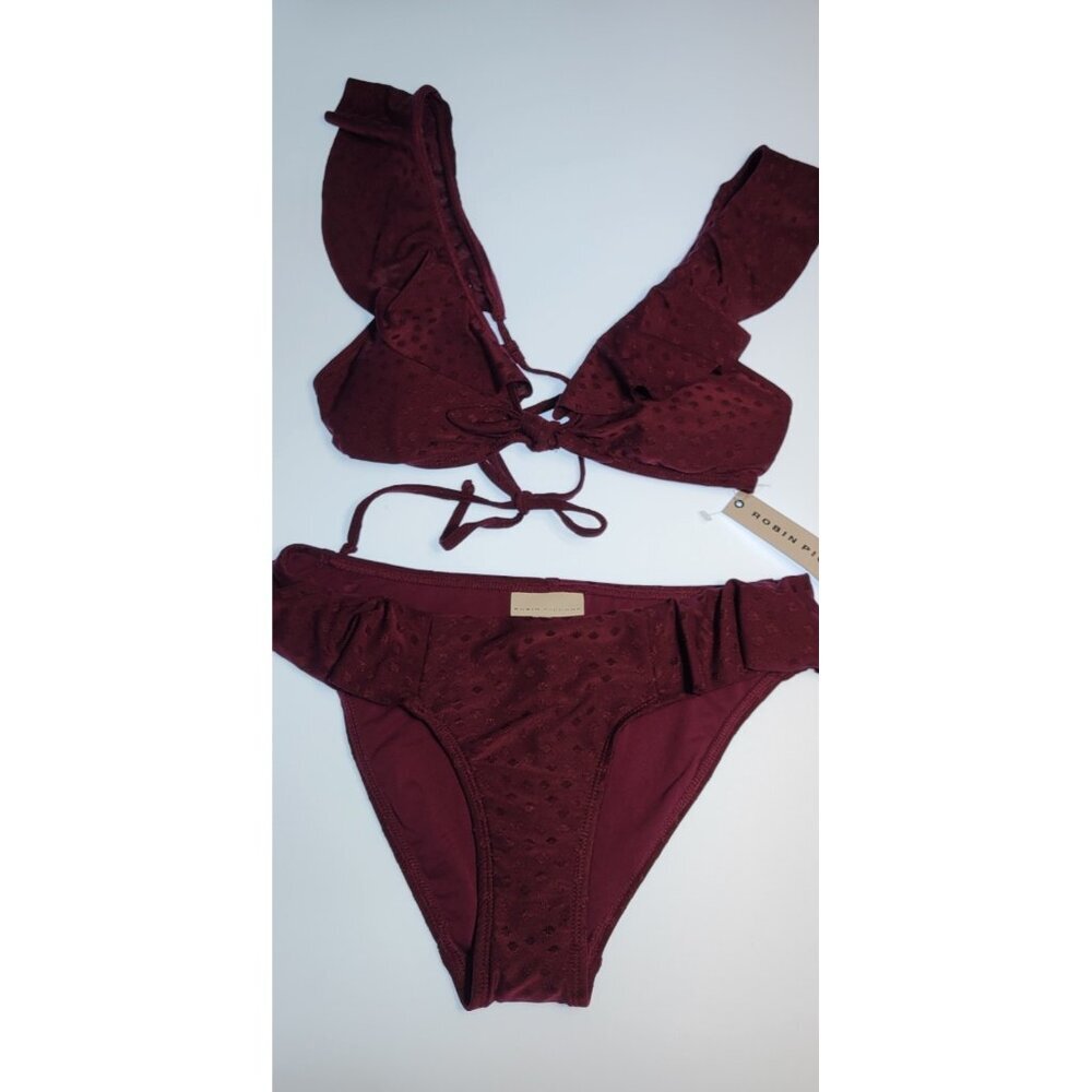 Robin Piccone Bikini Swim Top M Color Burgandy  Bottom Mid Rise Floral Sz M